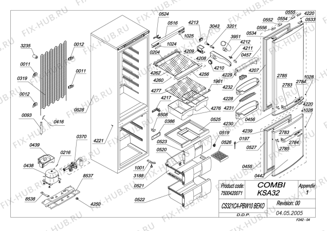 Схема №1 BEKO CS321CA-PBW10 (7500420071) с изображением Дверца для холодильной камеры Beko 4539140100